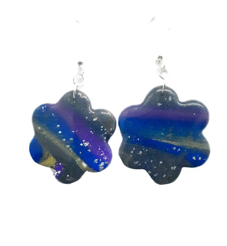 birthday gift Blue galaxy earrings Polymer clay flower silver dangle jewelry