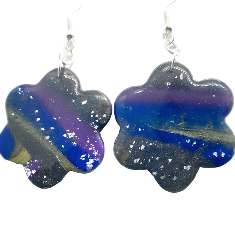 birthday gift Blue galaxy earrings Polymer clay flower silver dangle jewelry