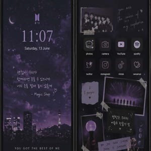 以下が含まれることがあります： BTSのロゴと都市景観が特徴の、紫色の夜の美学の電話ロックとホーム画面セット。ロック画面には時刻と日付が表示されます。ホーム画面にはアプリのアイコンと写真が表示されます。「You Got The Best of Me」というテキストが含まれています。