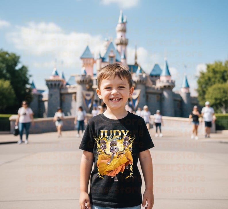 May include: A black t-shirt featuring a graphic of three cartoon characters with the text "Judy Hopps". The characters are set against a yellow and gold lightning bolt design. The background shows a castle and people.