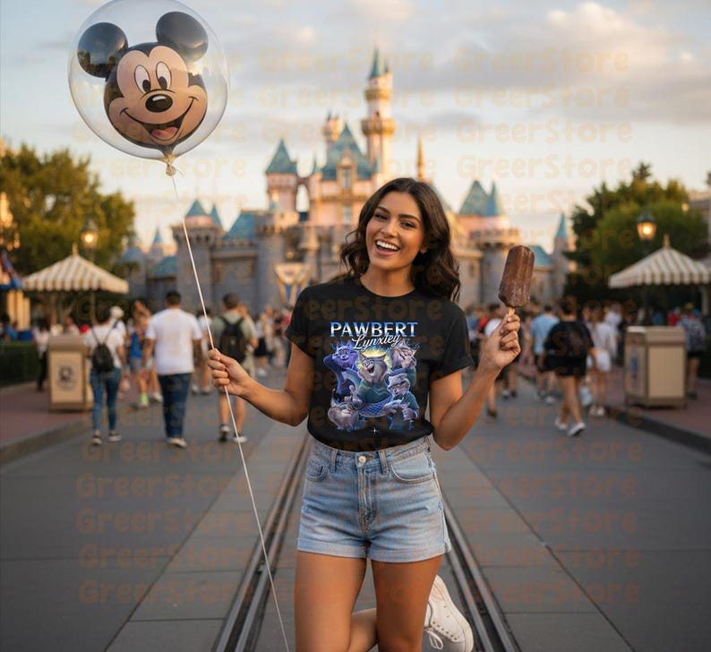 May include: A woman in a black t-shirt with the text "PAWBERT Lynxley" and a cartoon graphic, holding a Mickey Mouse balloon and an ice cream. A castle is in the background.