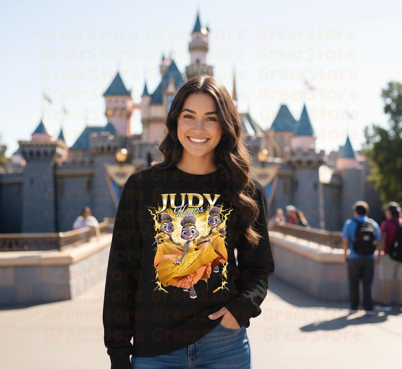 May include: Black sweatshirt featuring a graphic of Judy Hopps from Zootopia, with the text "JUDY Hopps" in gold. The design includes Judy in a yellow dress with lightning bolt accents. The background shows a castle.