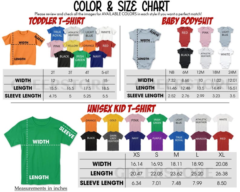 GreerStore Color Size Chart
