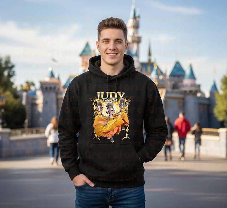 May include: Black hooded sweatshirt featuring a graphic of three cartoon characters with the text "Judy Hopps" in gold. The characters are wearing orange and yellow dresses. The background is a blurred image of a castle.