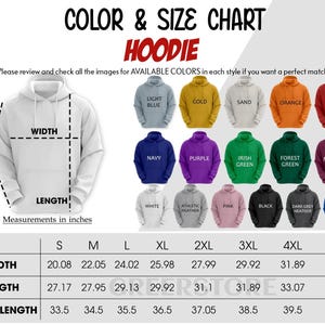 May include: Color and size chart for a hoodie, featuring a white hoodie outline with measurements in inches. Includes color swatches in light blue, gold, sand, orange, red, navy, purple, green, maroon, white, heather, pink, black, dark grey, and true royal.