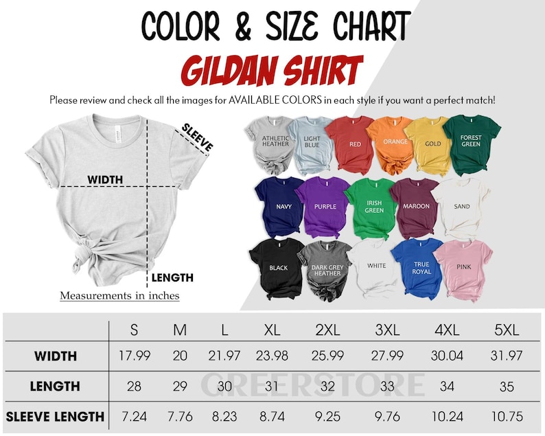 GreerStore Gildan Color Size Chart