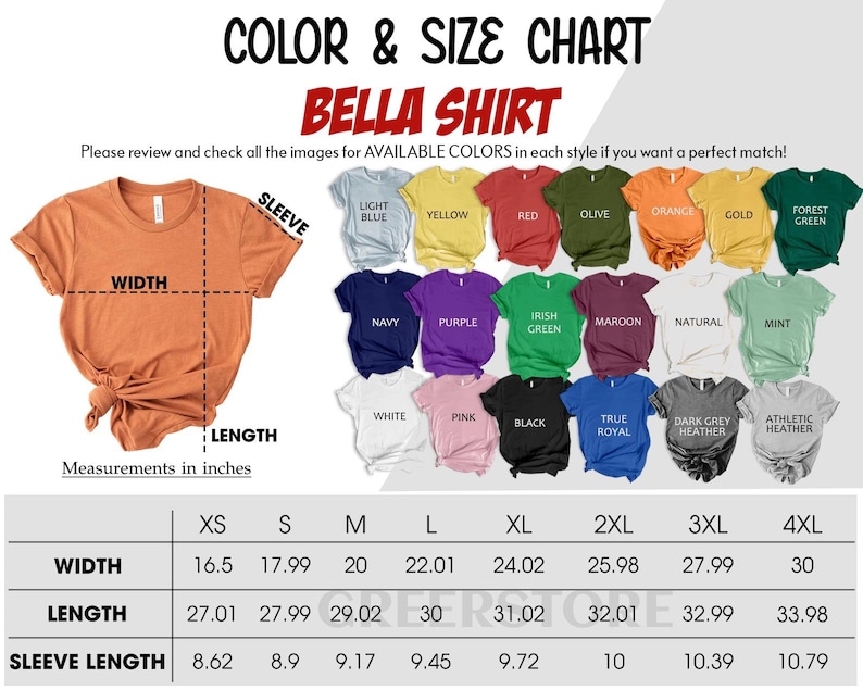 GreerStore Bella Canvas 3001 Color Size Chart
