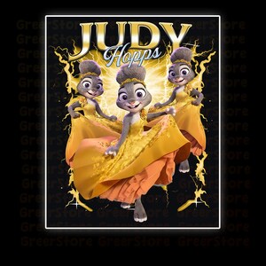 May include: A graphic featuring Judy Hopps from Zootopia. Judy, a gray rabbit, is depicted three times, wearing a yellow dress with orange accents. The text "JUDY Hopps" is at the top, with a lightning bolt design.