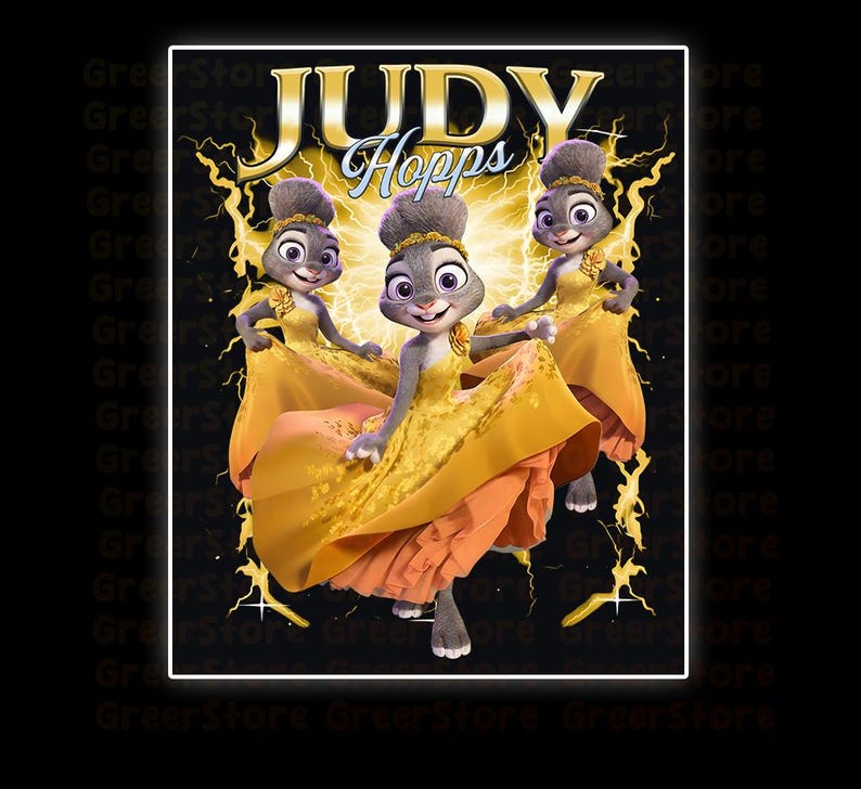 May include: A graphic featuring Judy Hopps from Zootopia. Judy, a gray rabbit, is depicted three times, wearing a yellow dress with orange accents. The text "JUDY Hopps" is at the top, with a lightning bolt design.