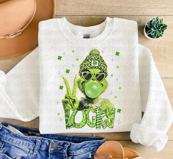 Funny Grinch St Patrick’s Day Shirt, Lucky Grinch Coquette Shamrock Tee, Retro St Patty’s Day Shirt for Kids, Green Irish