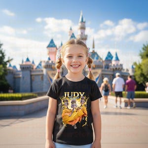 May include: A young girl wearing a black t-shirt with a graphic of three cartoon characters and the text "Judy Hopps". The background features a large castle and a blue sky.