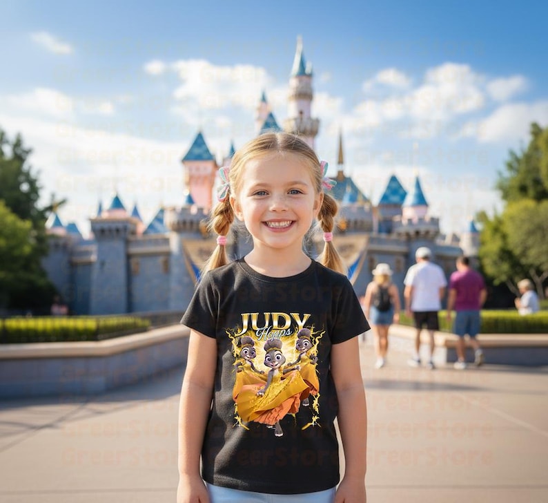 May include: A young girl wearing a black t-shirt with a graphic of three cartoon characters and the text "Judy Hopps". The background features a large castle and a blue sky.