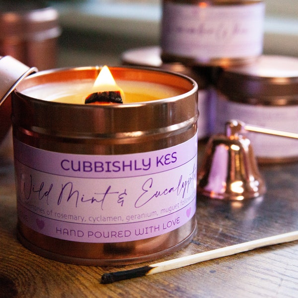 A Rose Gold Large Tin Candle, Soy Wax, Woodwick, 250 ml, Burn Time of Approx 40 Hours. Made in small batches by Kat Busby. UK