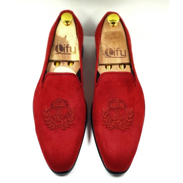 Men Red Velvet Loafers Slipon shoes with Hand embroidery | Groom shoes