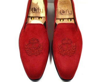 Men Red Velvet Loafers Slipon shoes with Hand embroidery | Groom shoes