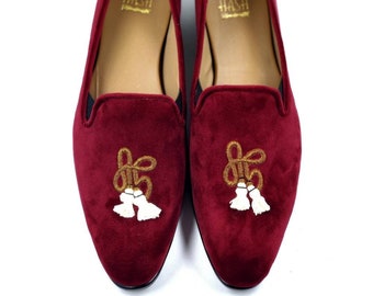 Men Burgundy Velvet Loafers Slipon shoes with Hand embroidery | Groom shoes