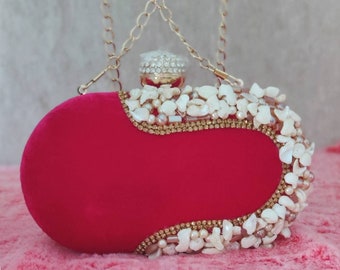 Pink velvet Evening Clutch Handbag , Party Purse Indian Zardozi Clutch Sling, Wedding Bridal Bag, Embroidered Evening Clutch, Gift