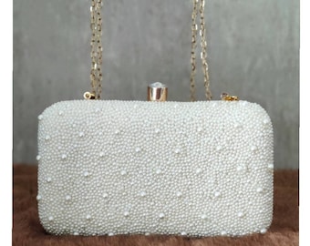 Buy White Pearl Embellish Evening Clutch Handbag Party Purse