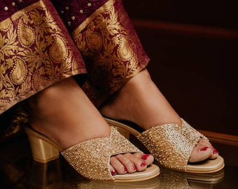 Golden Women Hand Embroidery Designer Heels Indian Handmade Footwear Wedding Heels Ethnic Indian Footwear Block Heels Pearl Bridal Heel