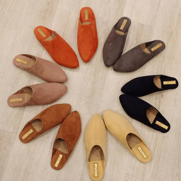 Moroccan Suede Pointy Babouche, Moroccan Slippers, Summer mules, Womens Babouche, Vegan Suede Slippers, Mules, Handmade Babouche
