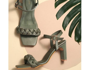 SALES 40%, Olive shoes for women, Handmade Olive High Heel Sandals, Olive Leather Shoes, Olive Block Heel Shoes, Olive Heels