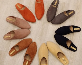 Moroccan Suede Pointy Babouche, Moroccan Slippers, Summer mules, Womens Babouche, Vegan Suede Slippers, Mules, Handmade Babouche