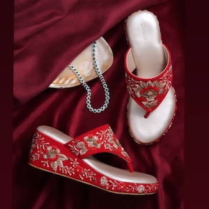 Ethnic Indian Women Velvet / suede/Synthetic Leather Shoe with Embroidery Wedding wedges Bridal Wedges Heels Gift for her Zardozi Embroidery