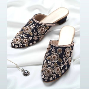 Women embroidered suede mules , Mules for women, Bridal mules ,Indian ethnic women mules , Wedding mules, Navy blue mules Navy blue shoes