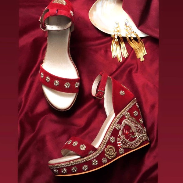 Maroon suede/velvet/Synthetic leather High Heel Bridal Wedges with zardozi embroidery Indian Ethnic Wedding Bridal shoes Bridal High heel