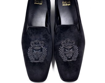 Men Black Velvet Loafers Slipon shoes with Hand embroidery | Groom shoes | Vegan shoes
