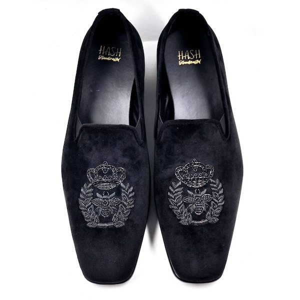 Men Black Velvet Loafers Slipon shoes with Hand embroidery | Groom shoes | Vegan shoes