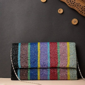 Rainbow Pipework Evening Clutch Handbag , Party Purse Indian Clutch Sling, Wedding Bridal Bag, Embellished Embroidered Evening Clutch, Gift