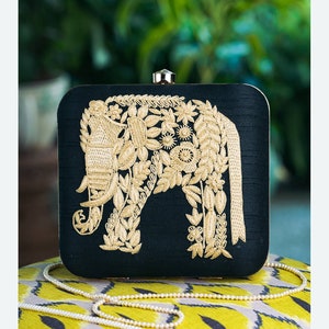 Black Evening Clutch Handbag , Party Purse Indian Zardozi Clutch Sling, Wedding Bridal Bag, Embellished  Evening Clutch, Gift