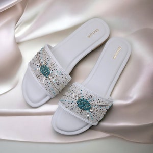 Women white vegan leather embroidered slippers slipons slides flats beach slippers gift for her  open toe flat sandals