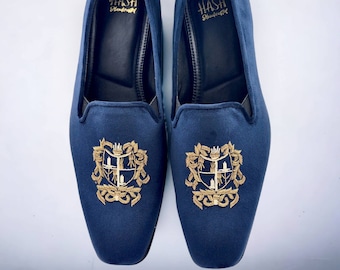 Men Navy Blue velvet loafers slips on shoes with Embroidery | Gift for him| Groom shoes|