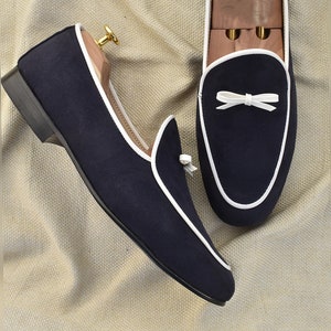 Navy blue suede loafers handmade shoes | Gift for Men | Men casual shoes | Men suede shoes | Party Shoes