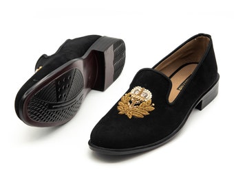 Men's Black Embroidered Velvet Loafers – Handcrafted Designer Slip On Shoes