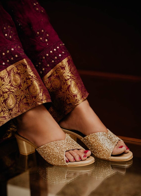 Buy Golden Women Hand Embroidery Designer Heels Indian Handmade Footwear  Wedding Heels Ethnic Indian Footwear Block Heels Pearl Bridal Heel Online  in India - Etsy