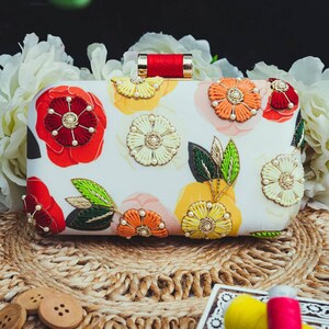 White floral printed Embroidered embellished Evening Clutch  , Party Purse Indian Zardozi Clutch Sling,Wedding Bridal Bag,Gift for her