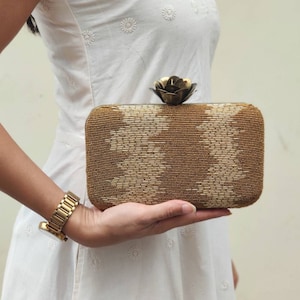 Gold Evening Clutch Handbag , Party Purse Indian Zardozi Clutch Sling, Wedding Bridal Bag, Embellished  Evening Clutch, Gift