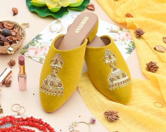 Women&#39;s  Mustard yellow Suede Embroidered Mules  ,Handcrafted Designer Mules , Ethnic Indian Mules Footwear, Wedding Mules, Mustard Babouche