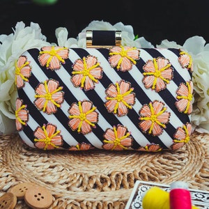 White floral printed Embroidered embellished Evening Clutch  , Party Purse Indian Zardozi Clutch Sling,Wedding Bridal Bag,Gift for her
