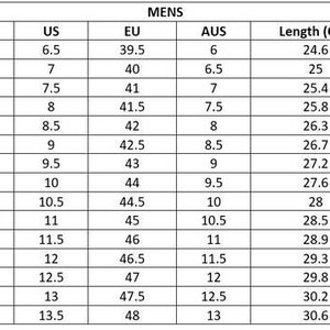 May include: A size conversion chart for men's shoes, showing UK, US, EU, AUS, and length in centimeters.