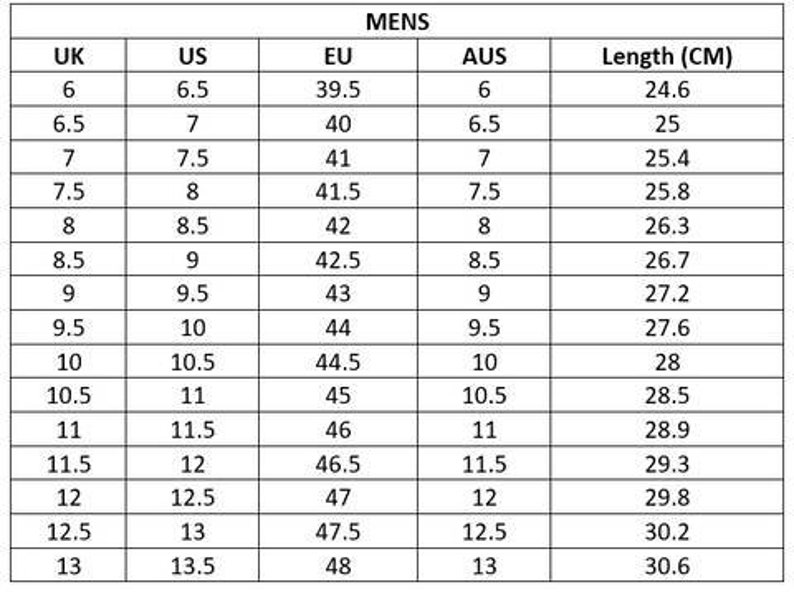 May include: A size conversion chart for men's shoes, showing UK, US, EU, AUS, and length in centimeters.