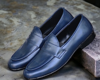 Navy Blue Vegan Leather Penny Loafers | Handmade Men's Formal Shoes