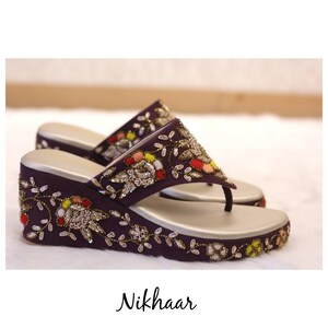 Ethnic Indian Women Velvet / suede/Synthetic Wine Leather Shoe with Embroidery Wine Wedding wedges Bridal Shoes Wedges Heels  Zardozi art
