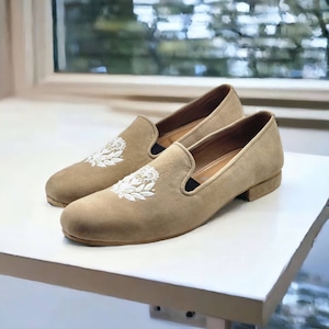 Men beige suede Embrodiered men loafers mojdi slip ons Groom shoes Indian Groom shoes Shoes under sherwani Indian wear