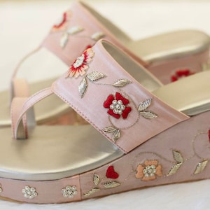 Pink Ethnic Indian Women Raw silk Wedges Heel Shoe with Embroidery Wedding wedges Bridal Wedges Heels Gift for her Zardozi Embroidery