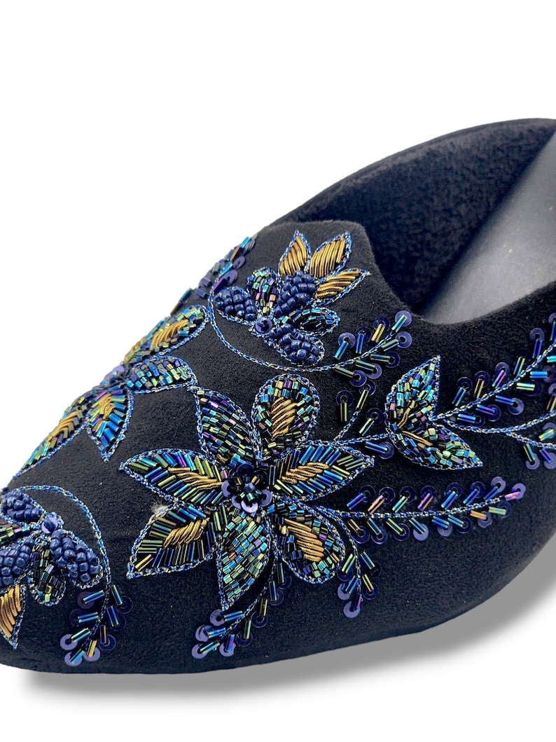 Navy Suede Mules, Hand Embroidered Pointed Toe Heel, Indian Wedding Shoes image 2