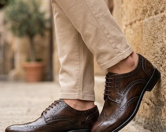Dark Brown Leather Oxford Shoes | Burnished Brogue Dress Formal Lace Ups